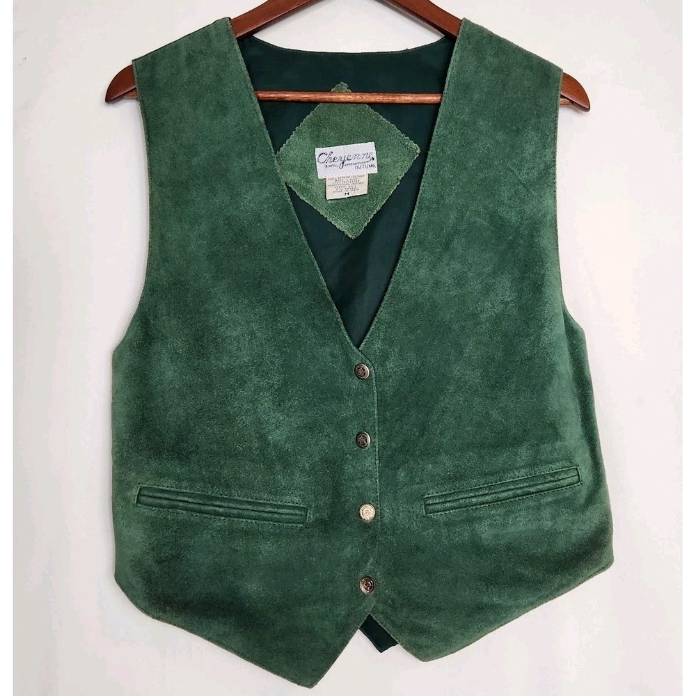 Vintage Cheyenne Autumn Green Suede Leather Vest Womens Medium Western Boho VTG